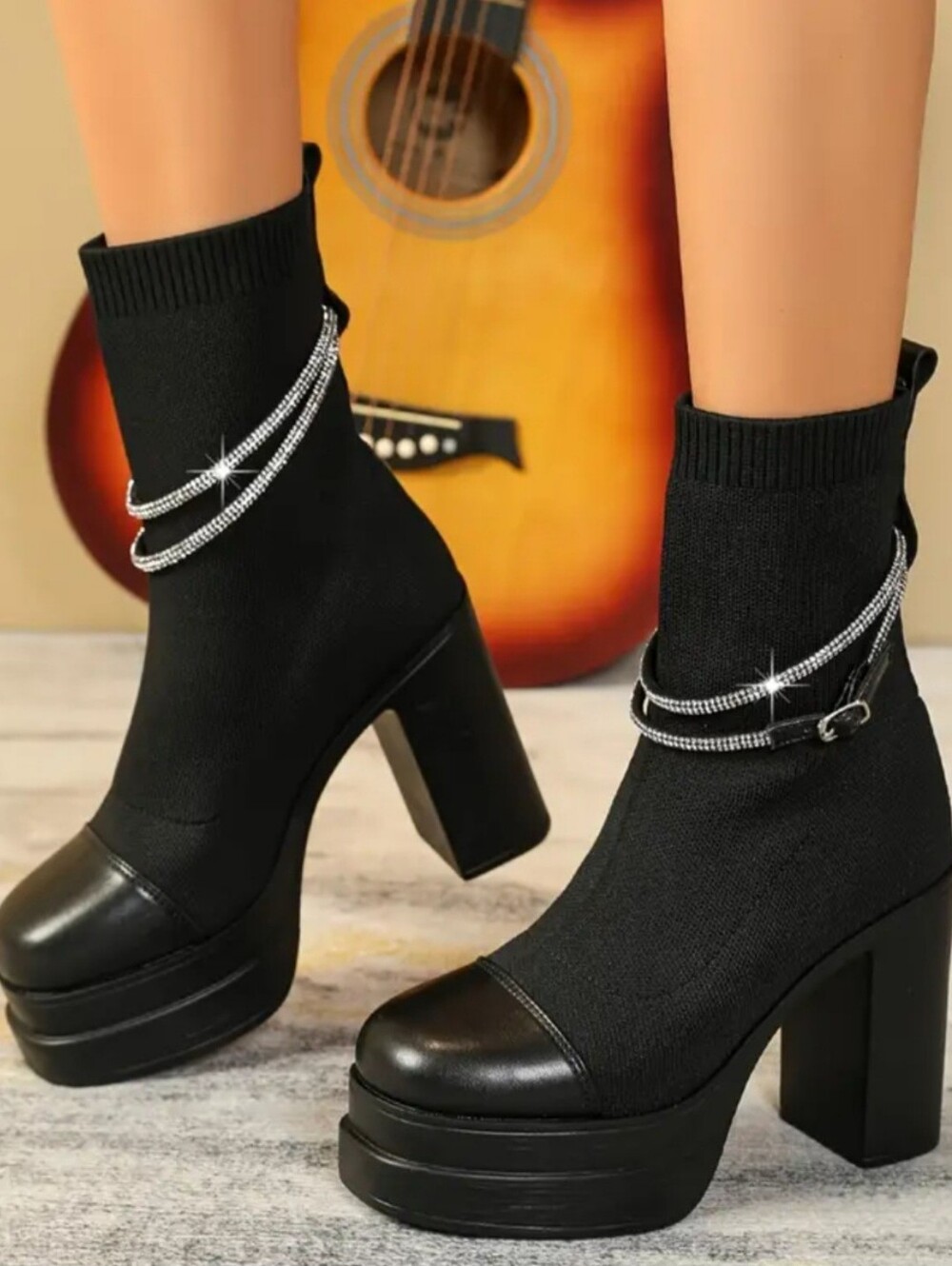 Unbranded Women's Size 9.0 U.S.(40) Chunky Block Heel Sock Boot Rhinestone Strap